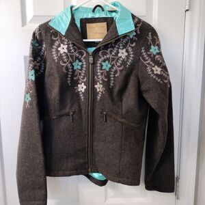 Powder River Outfitters Brown Wool Blend Full Zip Lined Embroidered Jacket SZ M